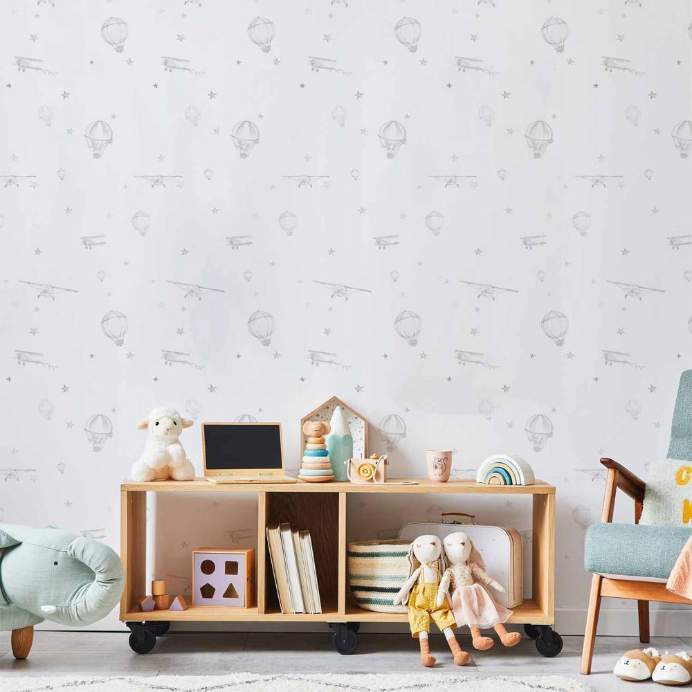 Tapeta - Akwarela - samoloty i balony namalowane na białym tle nieba