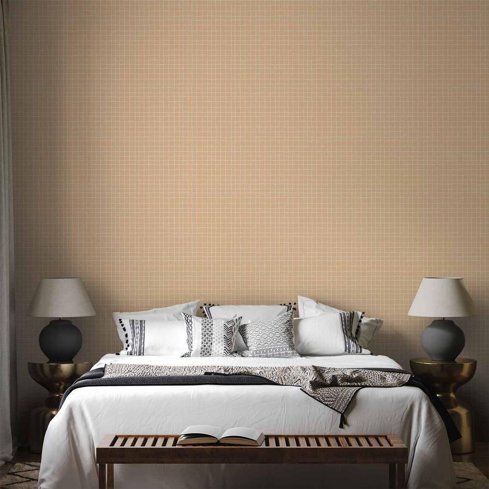 Tapeta - Falujące linie - kremowa kratka na szumiącym pastelowym tle