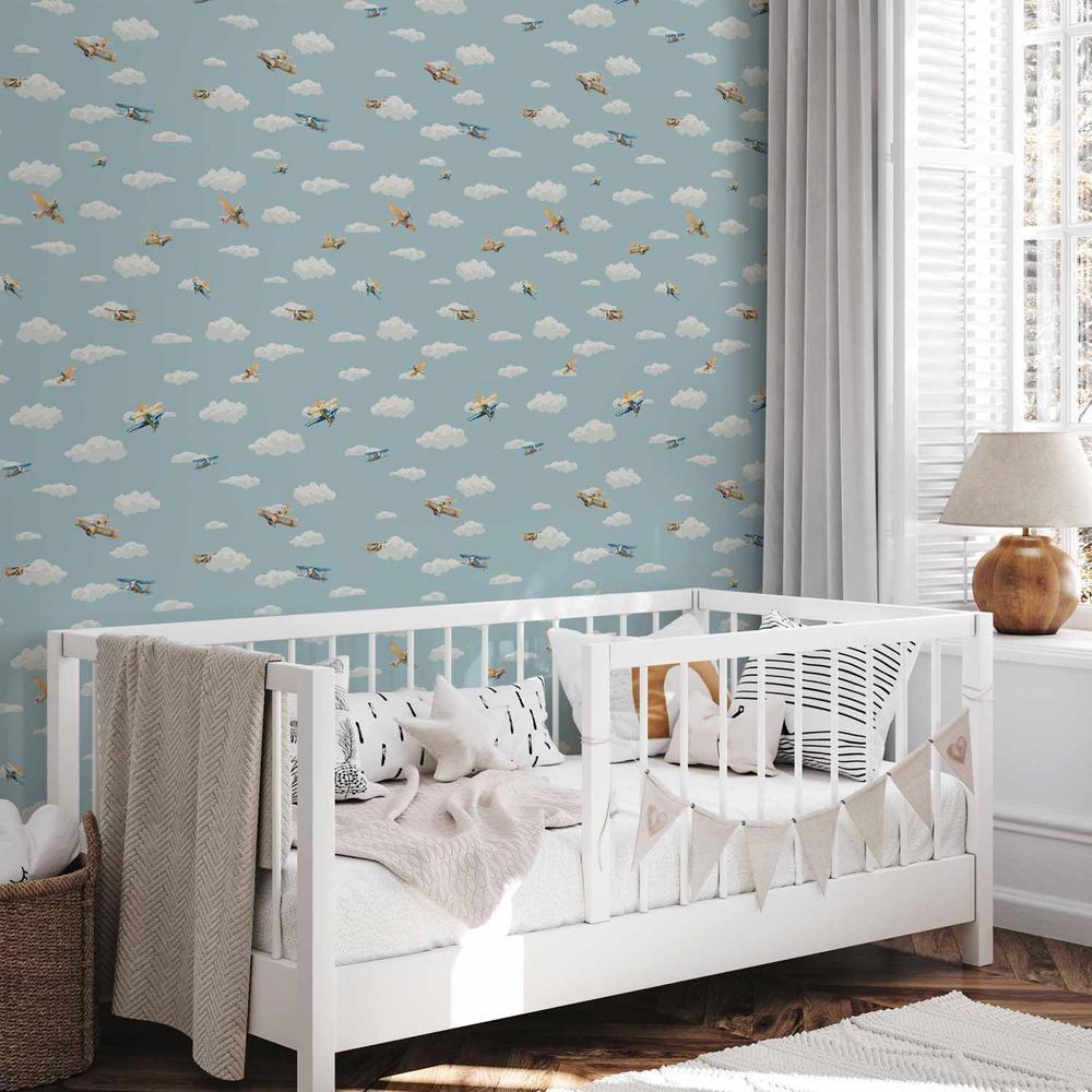 Tapeta - Ilustracja - żółto - niebieskie samoloty na tle błękitnego nieba