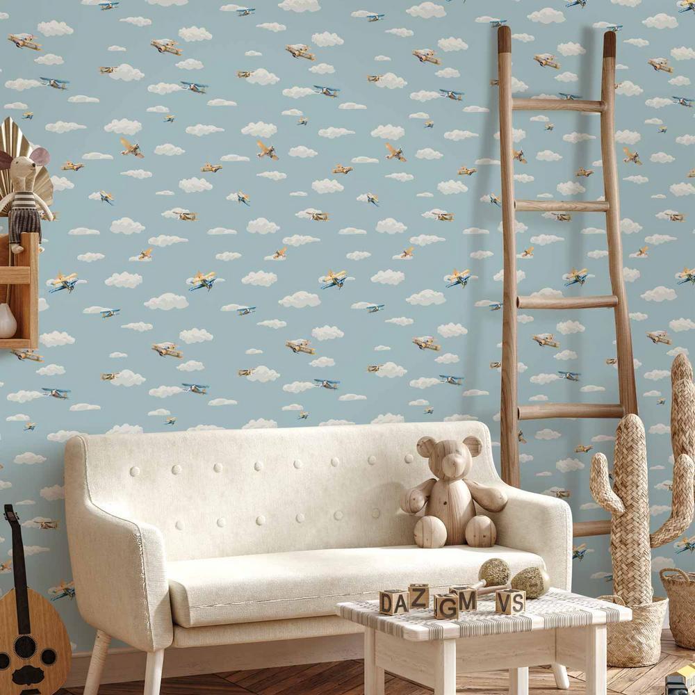 Tapeta - Ilustracja - żółto - niebieskie samoloty na tle błękitnego nieba