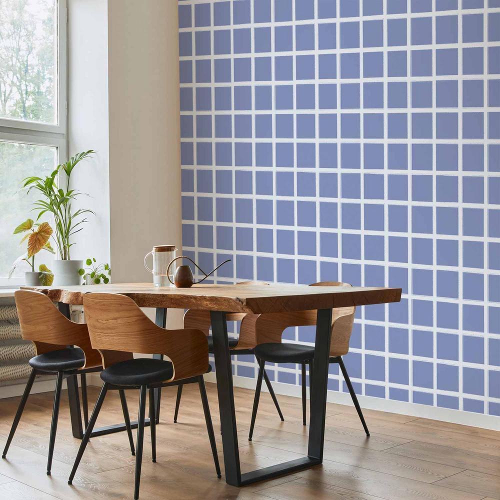 Tapeta - Linie i symetria - ekspresyjna biała krata na niebieskim tle