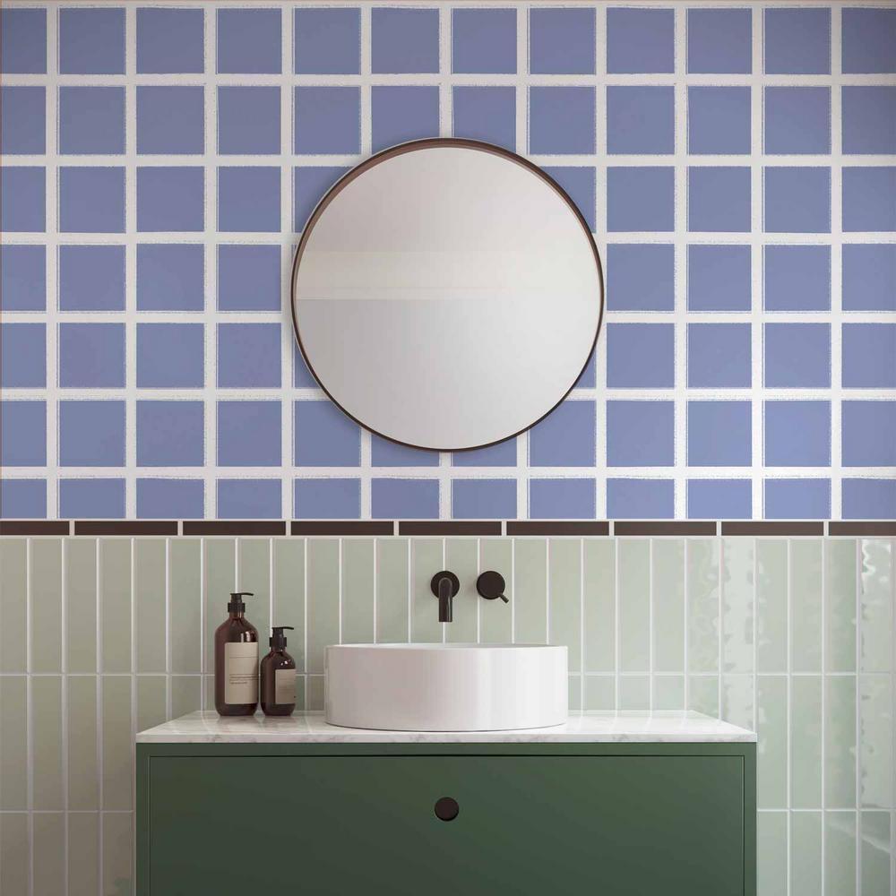 Tapeta - Linie i symetria - ekspresyjna biała krata na niebieskim tle