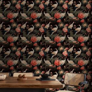 Tapeta - Ornament z ptakami - sylwetki żurawi i kwiaty piwonii na ciemnym tle