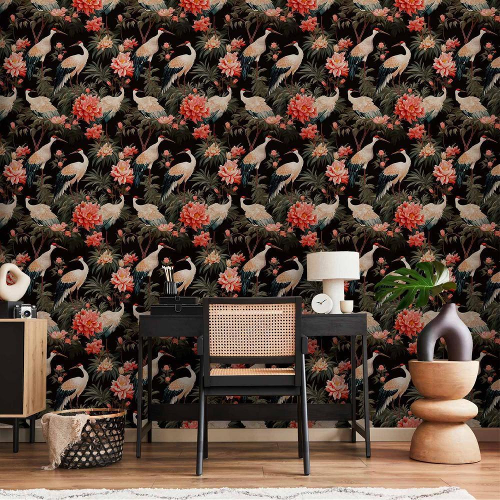 Tapeta - Ornament z ptakami - sylwetki żurawi i kwiaty piwonii na ciemnym tle