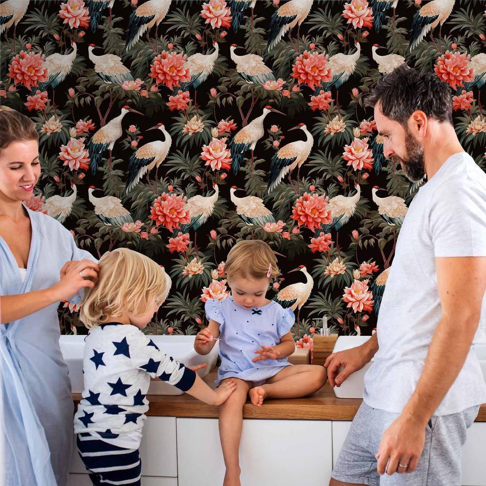 Tapeta - Ornament z ptakami - sylwetki żurawi i kwiaty piwonii na ciemnym tle