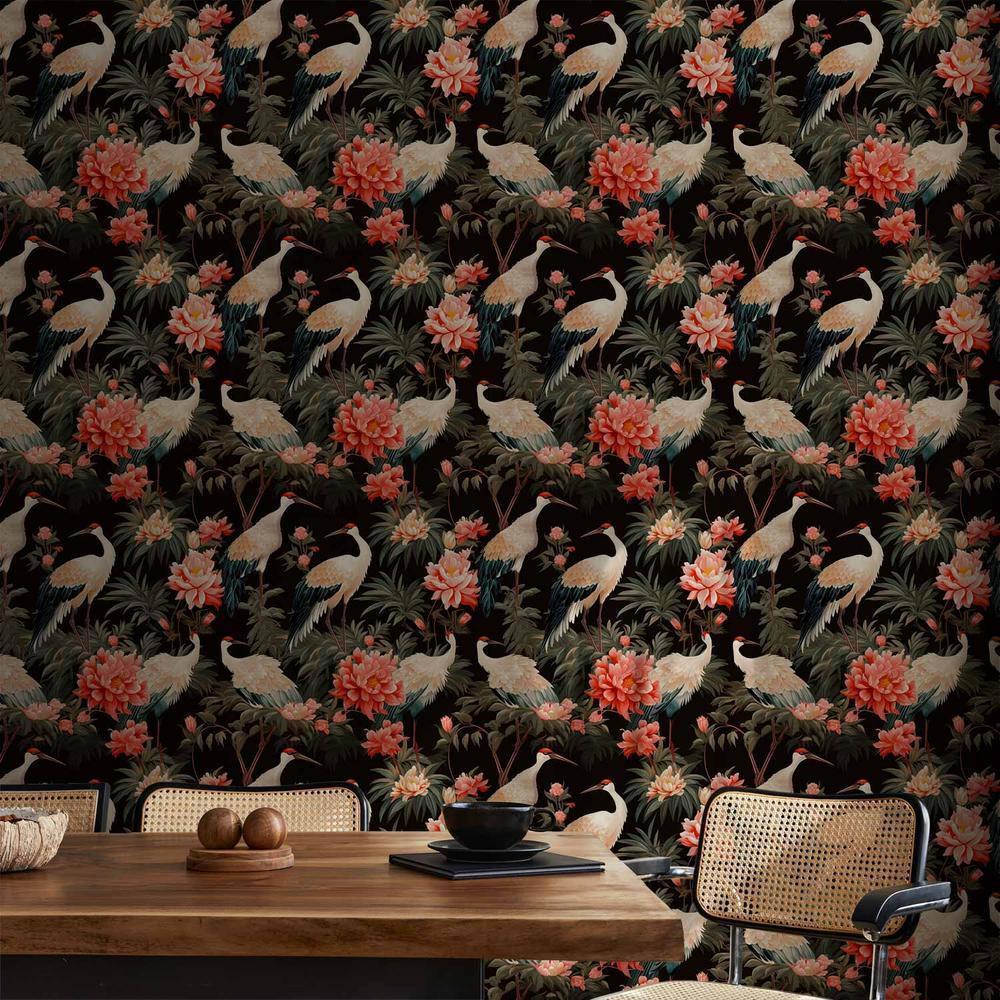 Tapeta - Ornament z ptakami - sylwetki żurawi i kwiaty piwonii na ciemnym tle