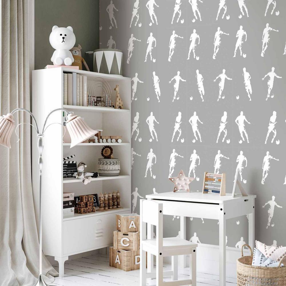 Tapeta - Sportowe Sylwetki - Dynamiczne figury piłkarzy na szarym tle
