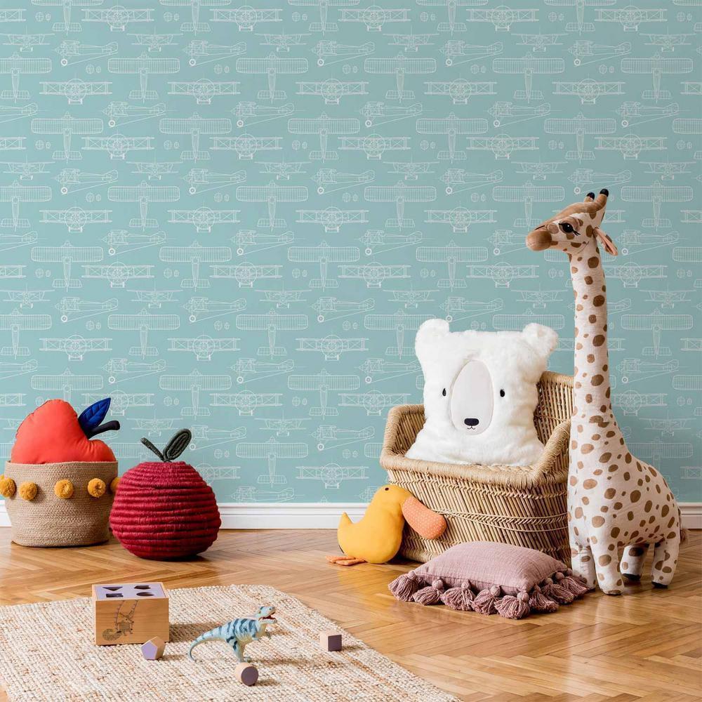 Tapeta - Szkic - zarys budowy samolotu białym kolorem na turkusowym tle