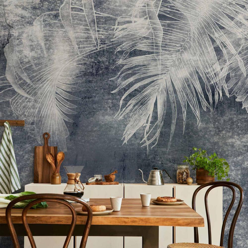 Fototapeta - Abstrakcja z naturą - egzotyczne liście na niebieskim tle z deseniem