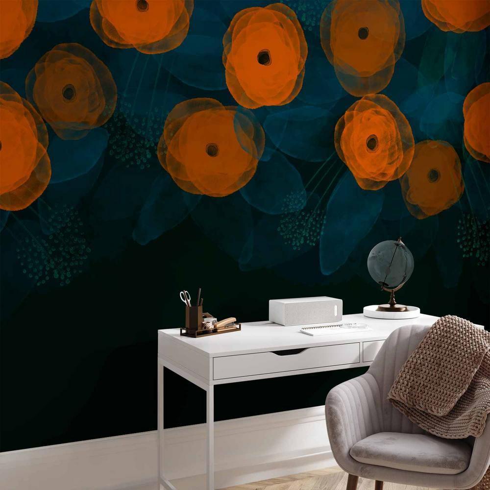 Fototapeta - Akwarelowa kompozycja - pomarańczowe desenie na delikatnym tle z liści