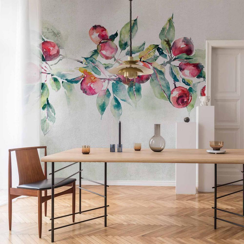 Fototapeta - Gałąź jabłoni - pejzaż z rośliną i czerwonymi jabłkami na białym tle