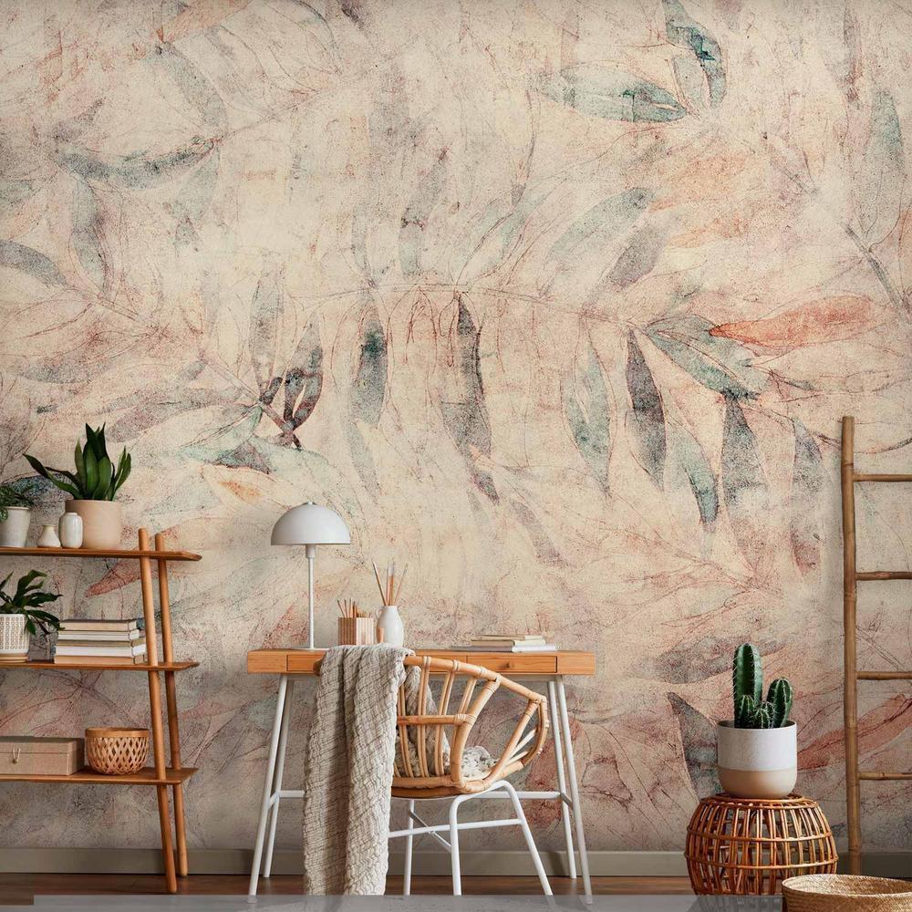 Fototapeta - Greckie laury - kompozycja z liśćmi w desenie na tle w żółtych tonach