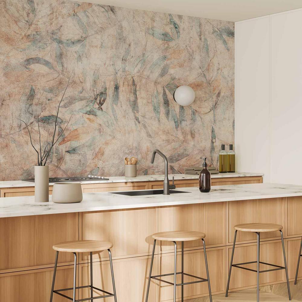 Fototapeta - Greckie laury - wyblakła kompozycja z liśćmi na beżowym tle w desenie