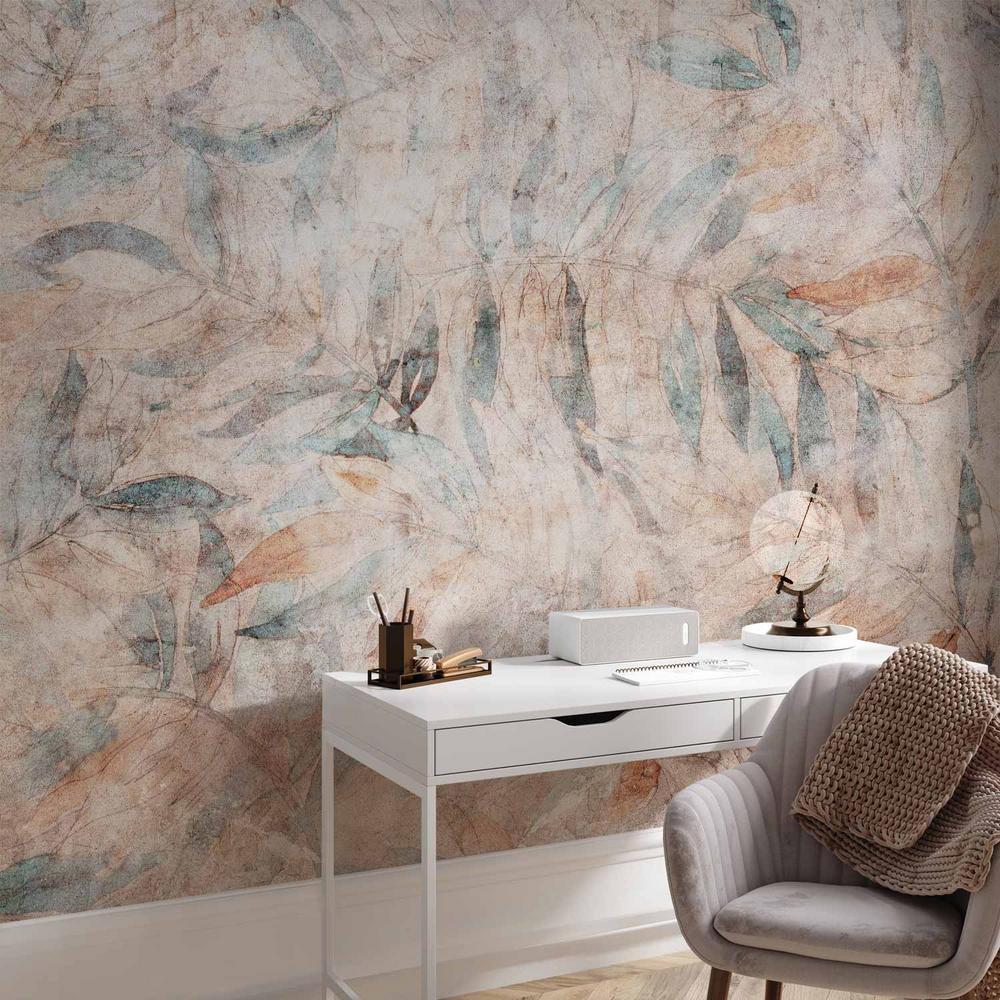 Fototapeta - Greckie laury - wyblakła kompozycja z liśćmi na beżowym tle w desenie