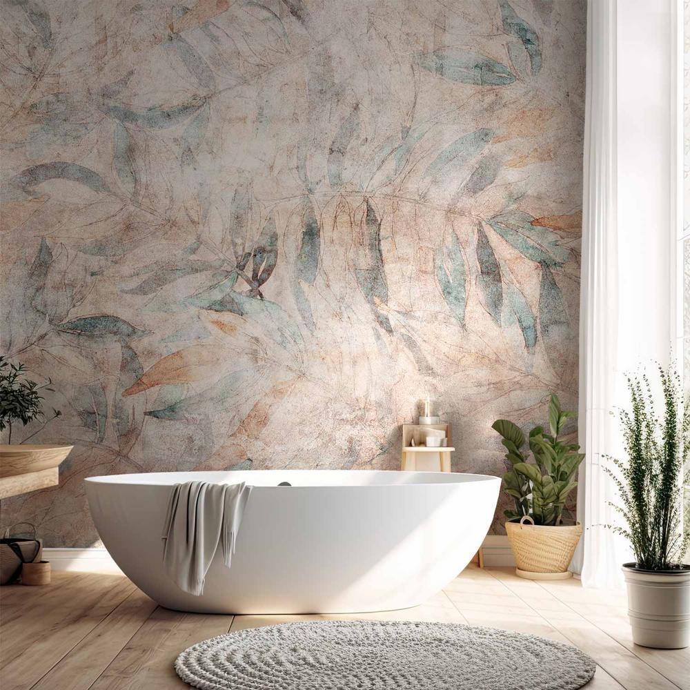 Fototapeta - Greckie laury - wyblakła kompozycja z liśćmi na beżowym tle w desenie