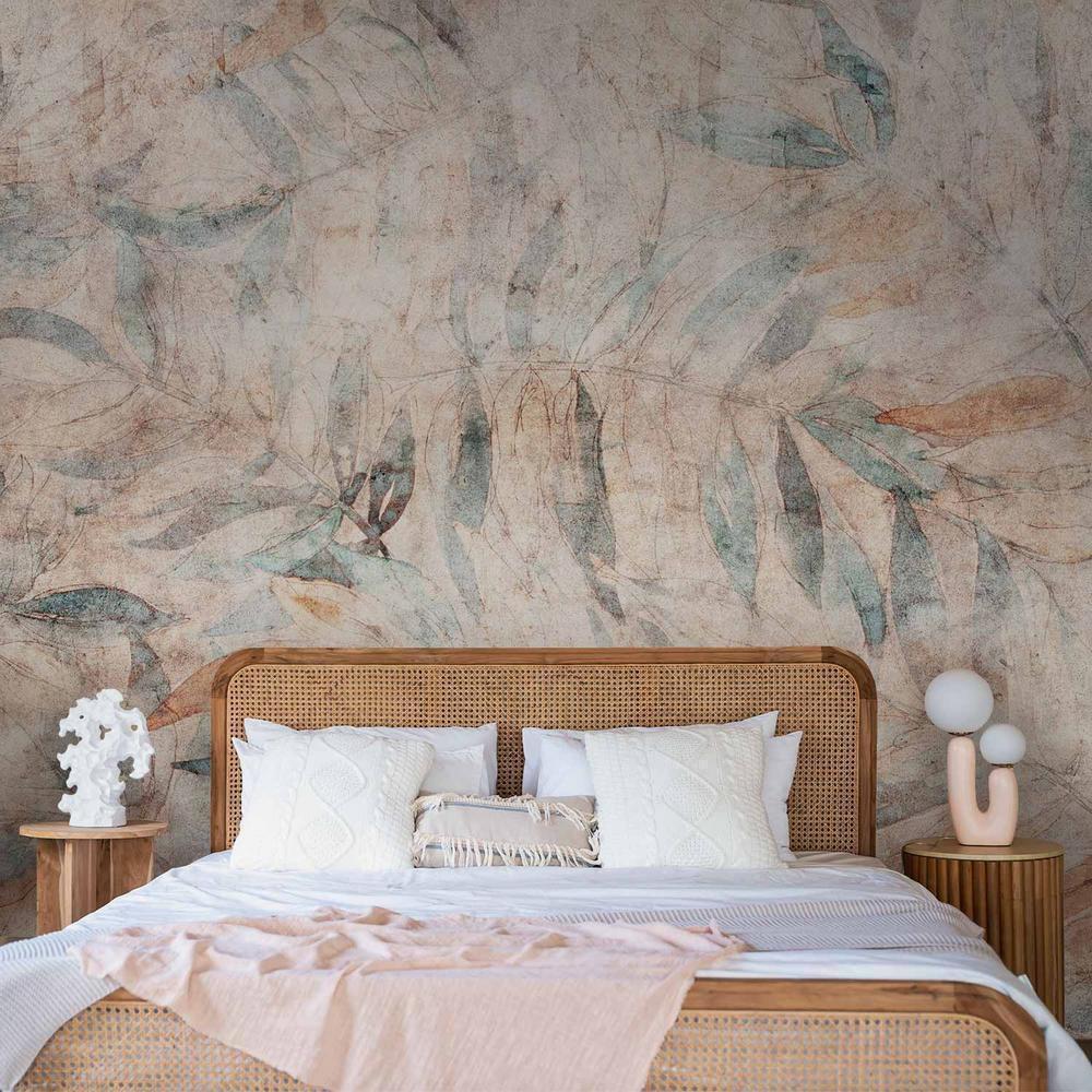 Fototapeta - Greckie laury - wyblakła kompozycja z liśćmi na beżowym tle w desenie