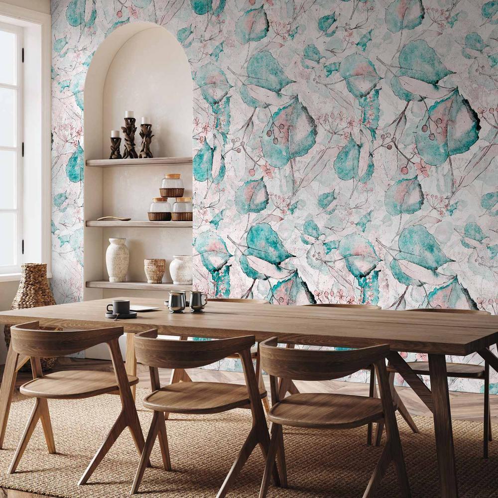 Fototapeta - Jesienne pamiątki - deseń z roślinnym motywem z turkusowymi liśćmi