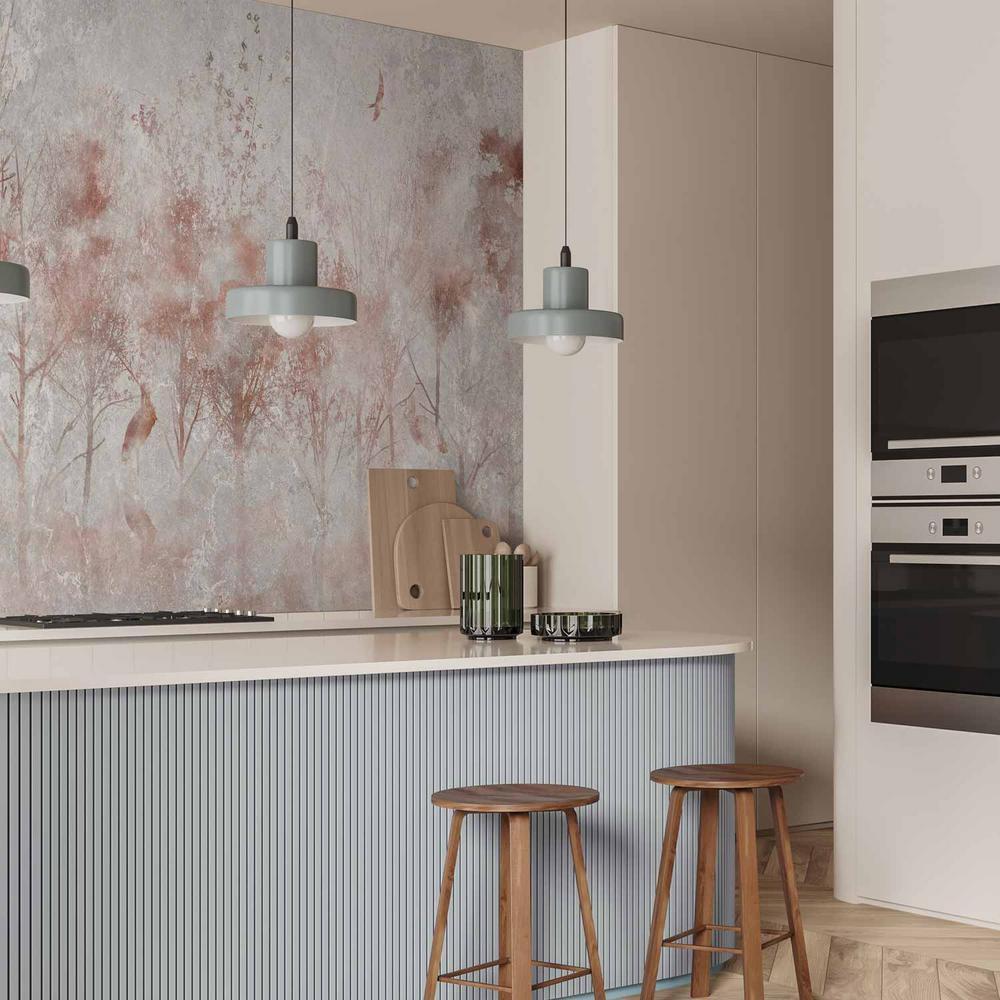 Fototapeta - Jesienny pejzaż - abstrakcja z drzewami i ptakami na tle z teksturą