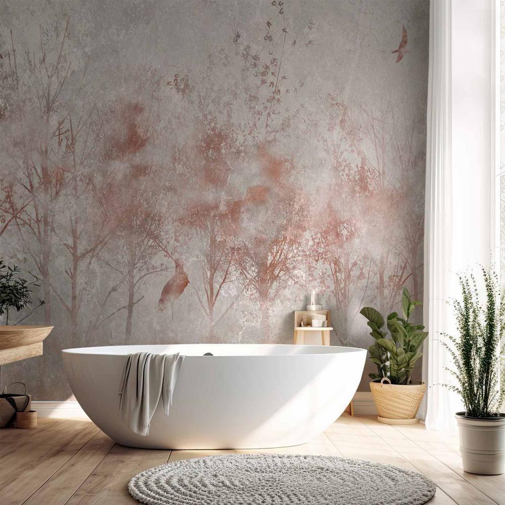 Fototapeta - Jesienny pejzaż - abstrakcja z drzewami i ptakami na tle z teksturą