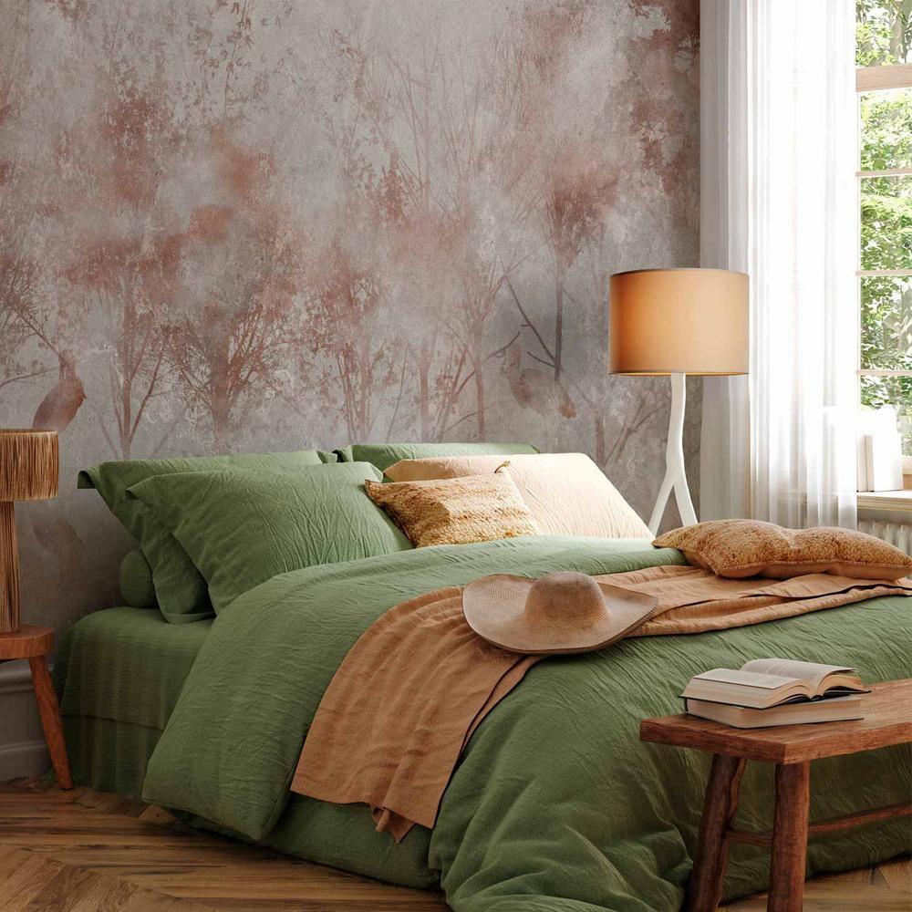 Fototapeta - Jesienny pejzaż - abstrakcja z drzewami i ptakami na tle z teksturą