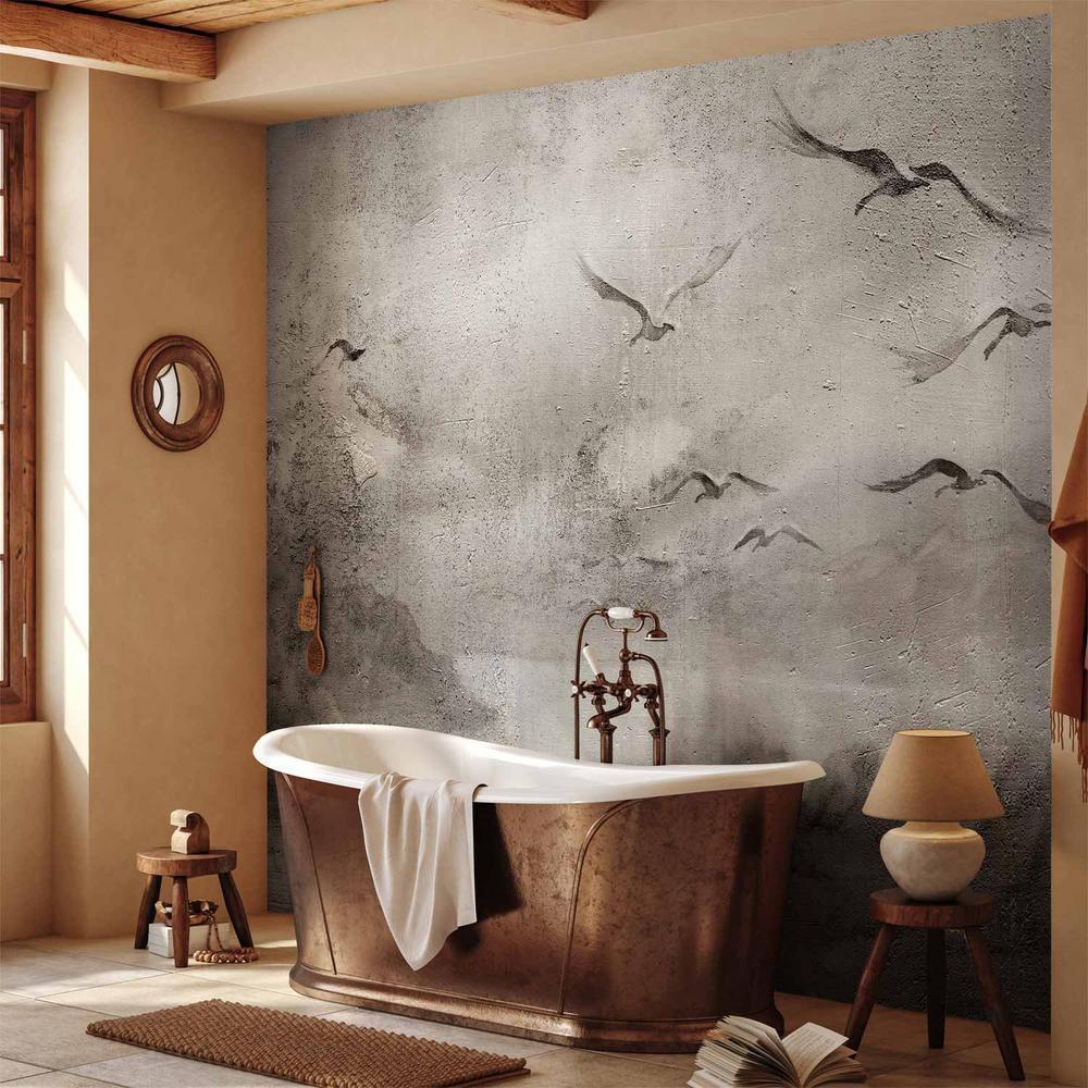 Fototapeta - Łabędzi lot - abstrakcyjny krajobraz ptaków nad jeziorem z teksturą