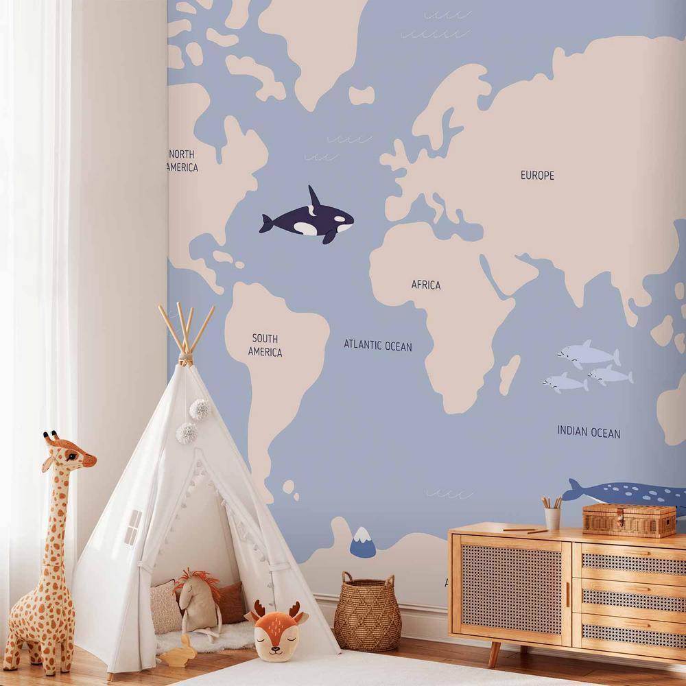 Fototapeta - Pastelowa planeta - zwierzątka i podwodne rośliny na mapie