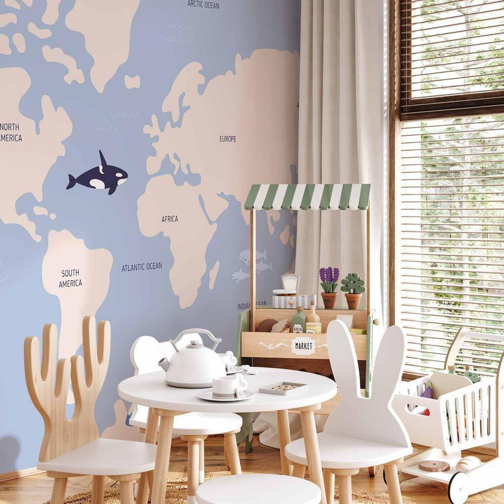 Fototapeta - Pastelowa planeta - zwierzątka i podwodne rośliny na mapie