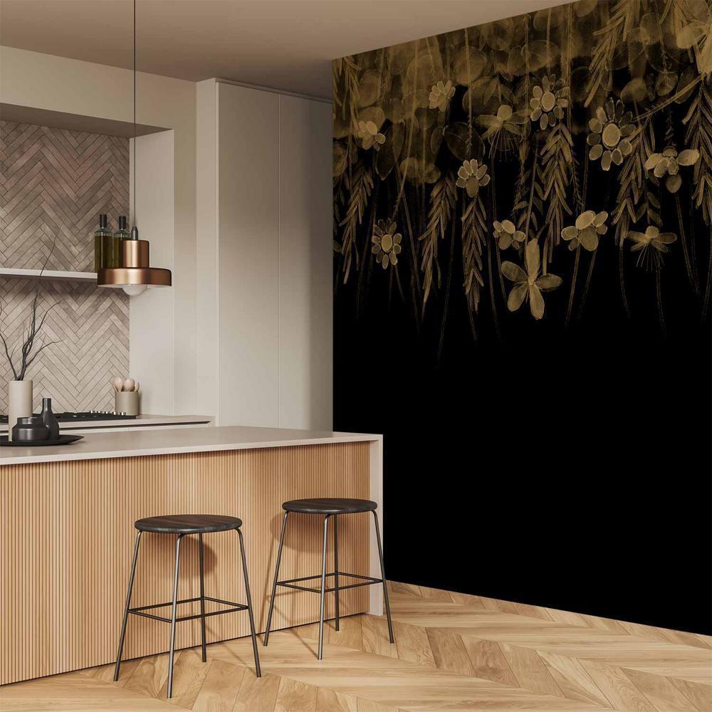 Fototapeta - Pejzaż natury - czarny abstrakcyjny motyw natury z kwiatami w sepii