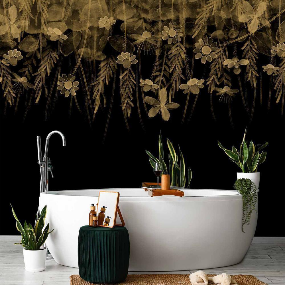 Fototapeta - Pejzaż natury - czarny abstrakcyjny motyw natury z kwiatami w sepii