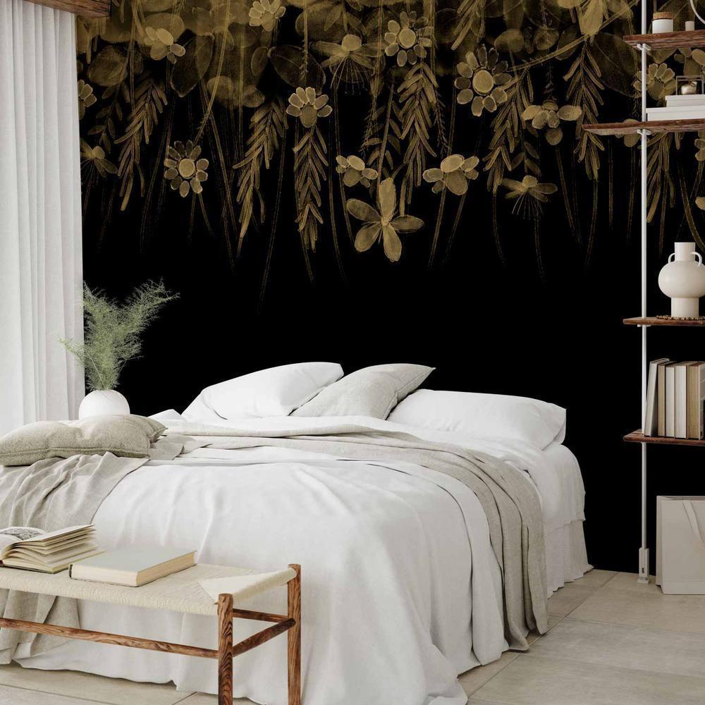 Fototapeta - Pejzaż natury - czarny abstrakcyjny motyw natury z kwiatami w sepii