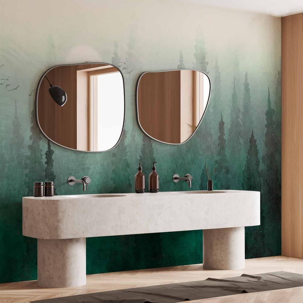 Fototapeta - Perspektywa lotu ptaka - krajobraz zielonego lasu z drzewami we mgle