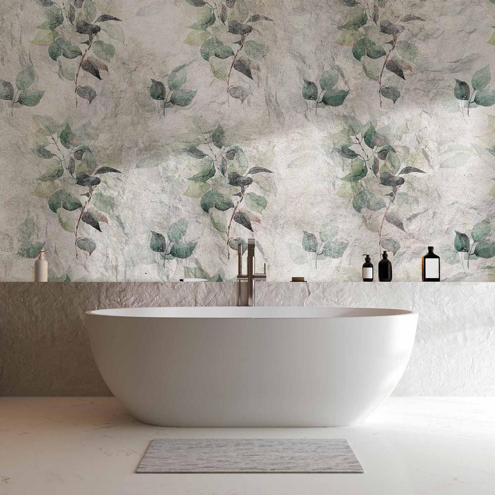 Fototapeta - Posąg natury - motyw roślinny z zielonymi liśćmi z szarymi deseniami