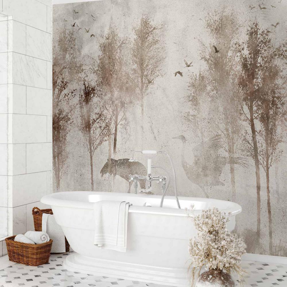 Fototapeta - Pośród drzew - pejzaż w szarych tonach we mgle na polanie z ptakami