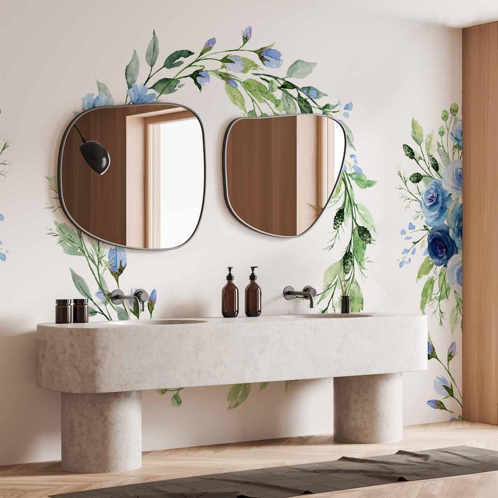 Fototapeta - Romantyczny wieniec - motyw roślinny z niebieskimi kwiatami i liśćmi