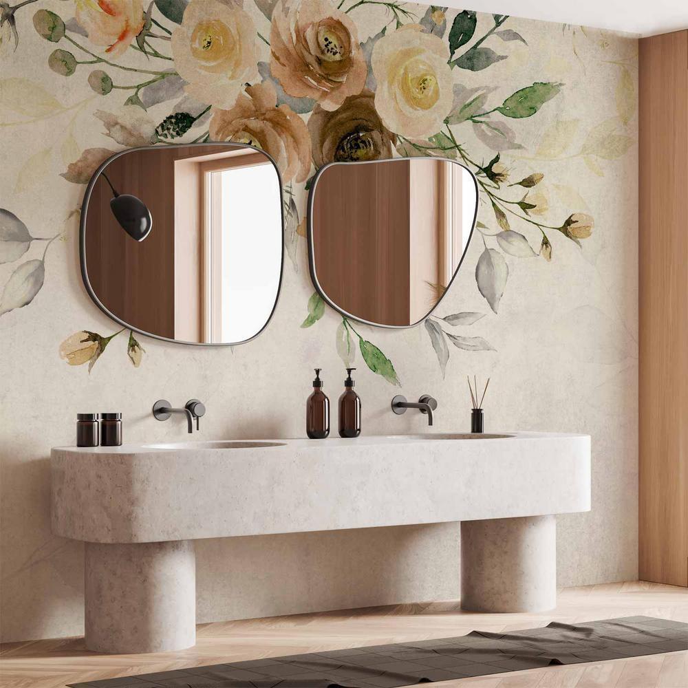 Fototapeta - Rozkwit lata - motyw roślinny retro z kwiatami i liśćmi z deseniami