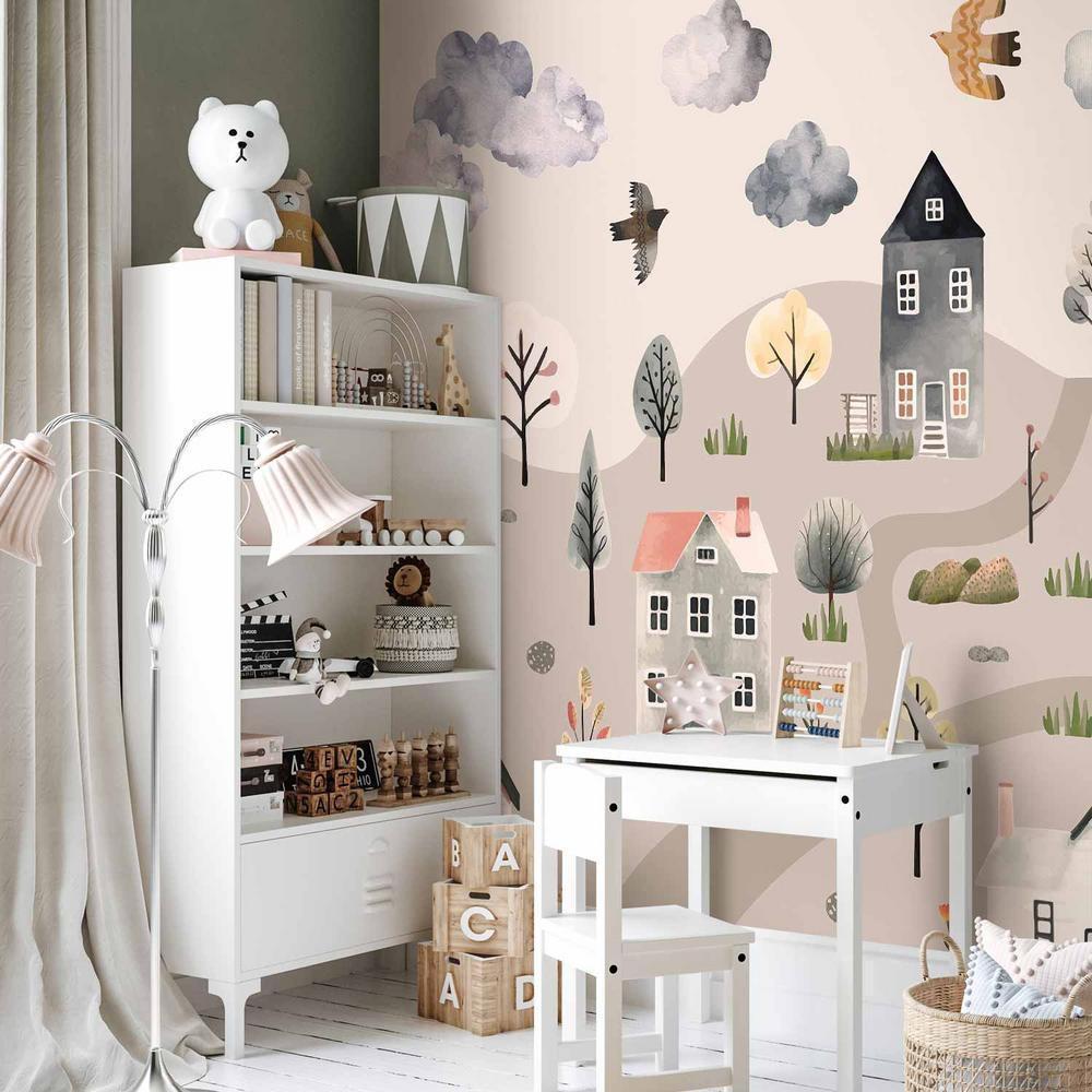 Fototapeta - Skandynawska dolina - wioska w pastelowych kolorach malowana akwarelą