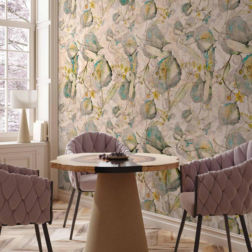 Fototapeta - Zielonożółte jesienne pamiątki - deseń z roślinnym motywem z liśćmi