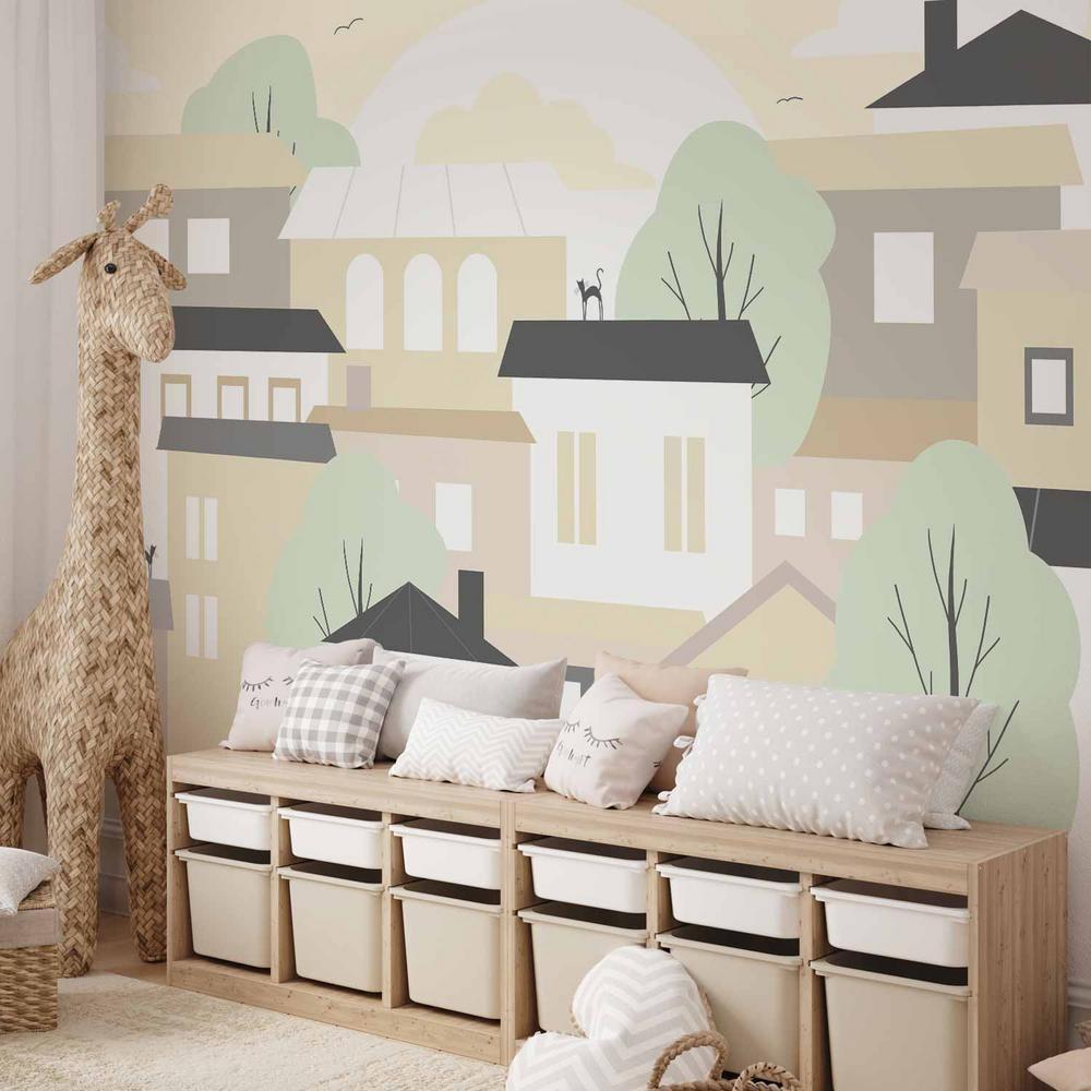 Fototapeta - Żółte miasteczko - przedmieście miasta z drzewami i kotami dla dzieci