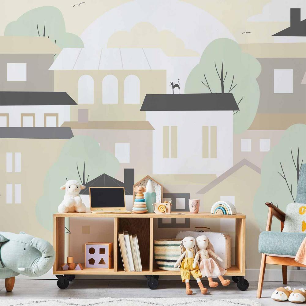 Fototapeta - Żółte miasteczko - przedmieście miasta z drzewami i kotami dla dzieci