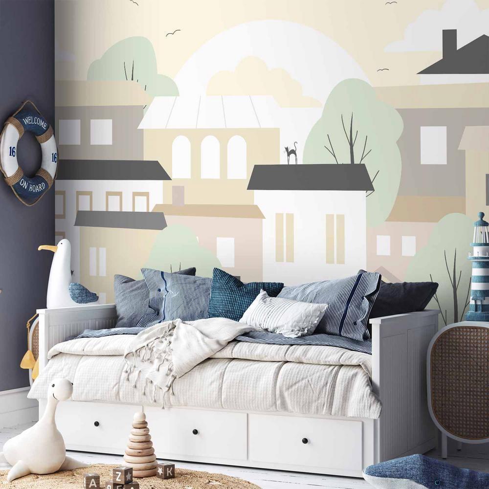 Fototapeta - Żółte miasteczko - przedmieście miasta z drzewami i kotami dla dzieci