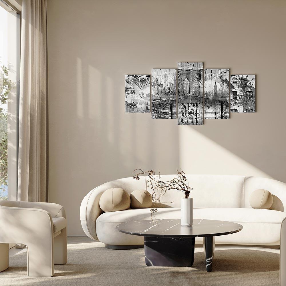 Obraz - New York City Collage (5-częściowy) szeroki czarno-biały