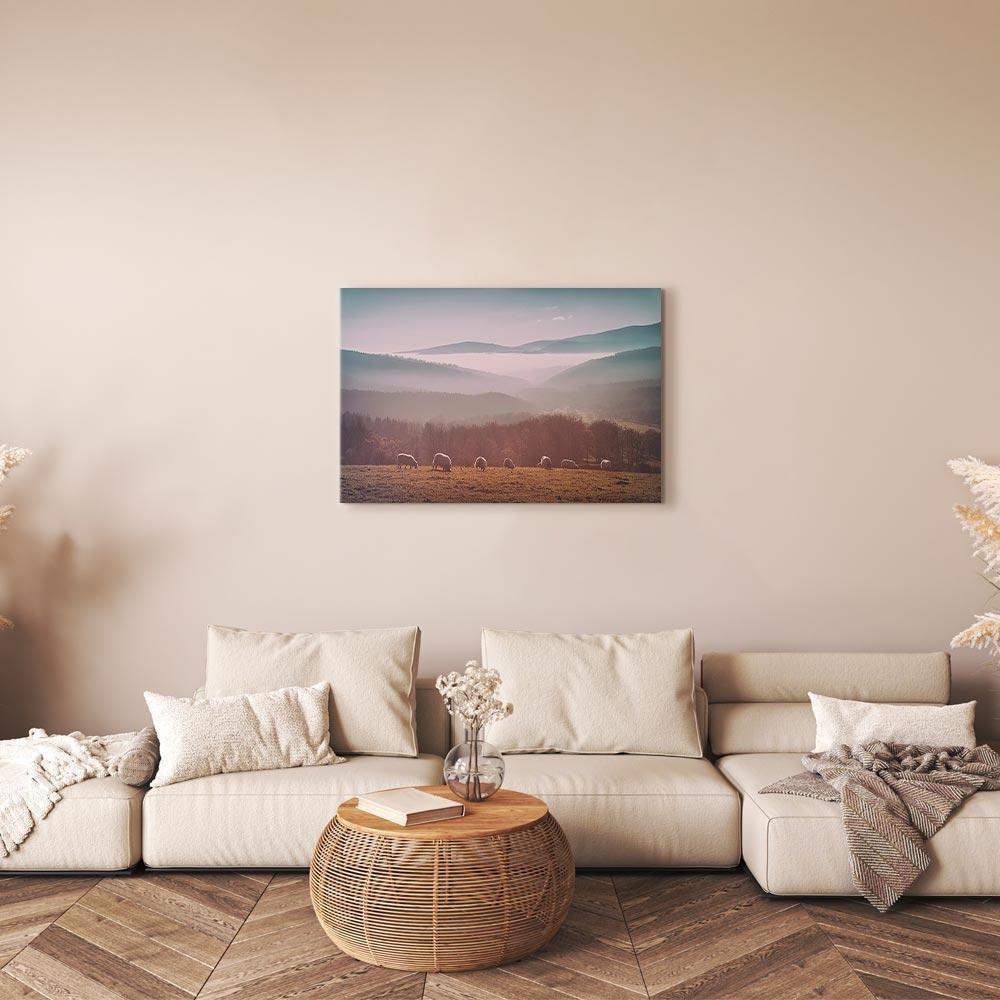 Obraz - Owce na tle górskiego krajobrazu (1-częściowy) - zwierzęta w naturze