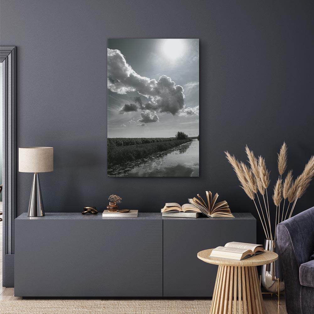 Obraz - Słońce nad chmurami (1-częściowy) - odbicie nieba w wodzie na polu