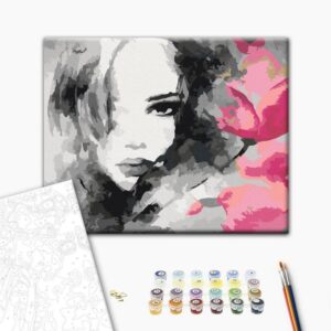 Obraz do samodzielnego malowania - Czarno-biały portret z różowym kwiatem