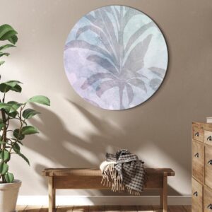 Obraz okrągły - Palmy we mgle - Drzewa palmowe pośród pastelowych chmur w tonacji fioletowo-seledynowej