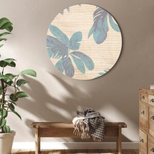 Obraz okrągły - Palmy za mgłą - Okazałe liście palm w delikatnym odcieniu zieleni na lekko falistym piaskowym tle