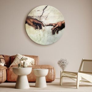 Obraz okrągły - Stworzenie Adama – dłonie z fresku autorstwa Michała Anioła