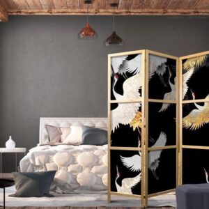 Parawan japoński - Żurawie nocą - biało-złote ptaki odlatujące na czarnym tle