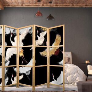 Parawan japoński - Żurawie nocą - złocisto-białe ptaki odlatujące na czarnym tle