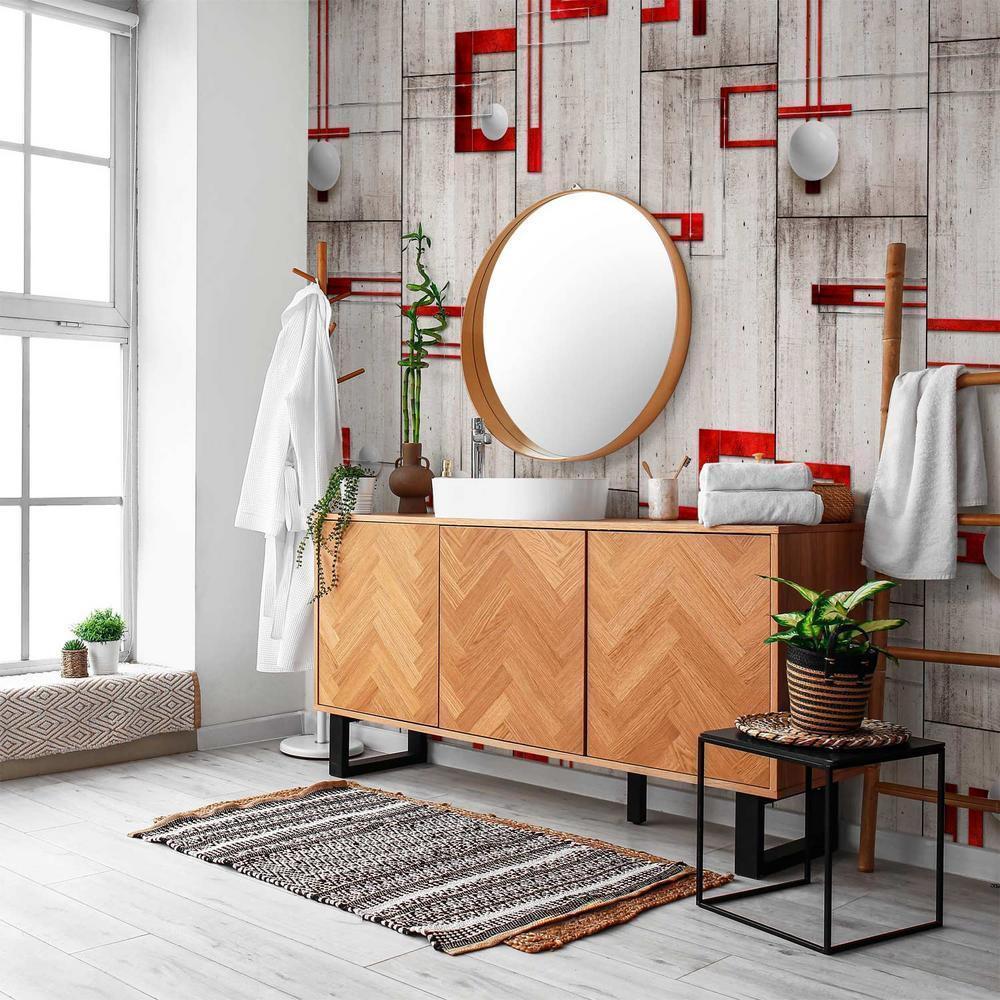 Tapeta - Beton, czerwone ramki i białe kulki